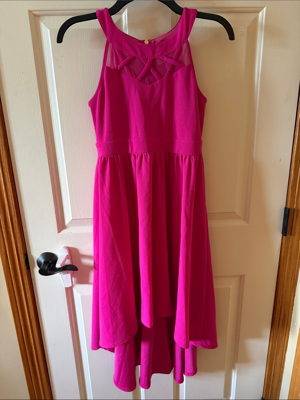 Hot Pink or Pink Sleeveless High-Low Formal Dress with Lattice Yoke - Nickie Lew